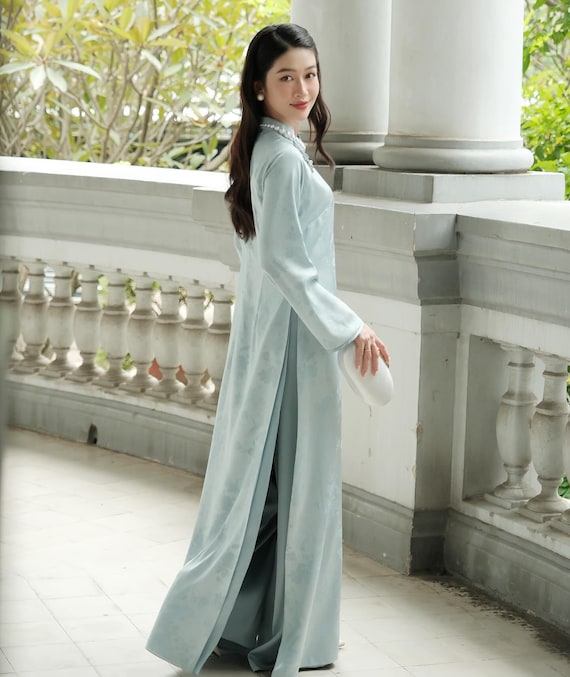 Mulberry Silk Jacquard Ao Dai: Hand-Tailored Vietnamese Tunic, Minimalist Formal Dress