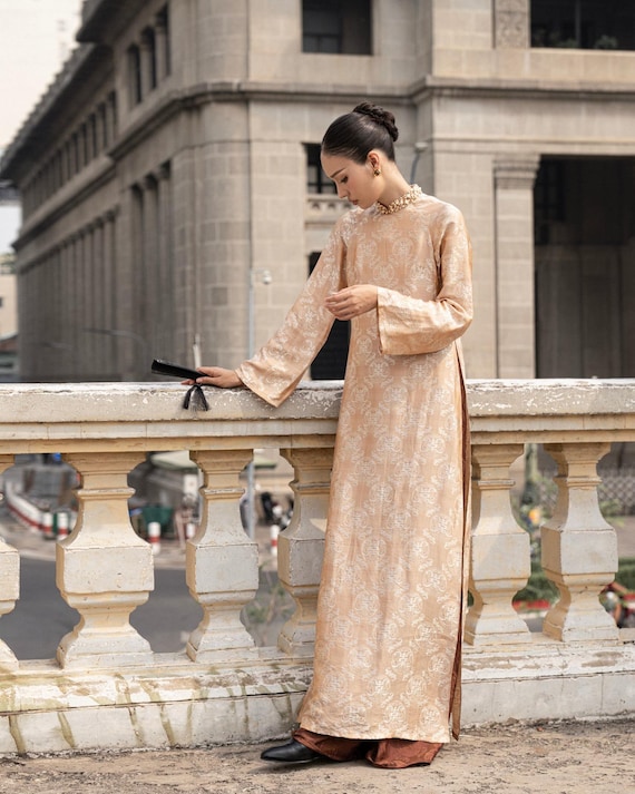 Vintage Golden Brocade Ao Dai – Floral Jacquard Tunic with Bronze Trousers