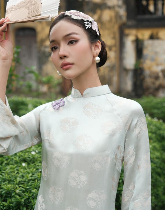 Imperial Silver-Green Silk Ao Dai: Medallion Motif Vietnamese Tunic Dress