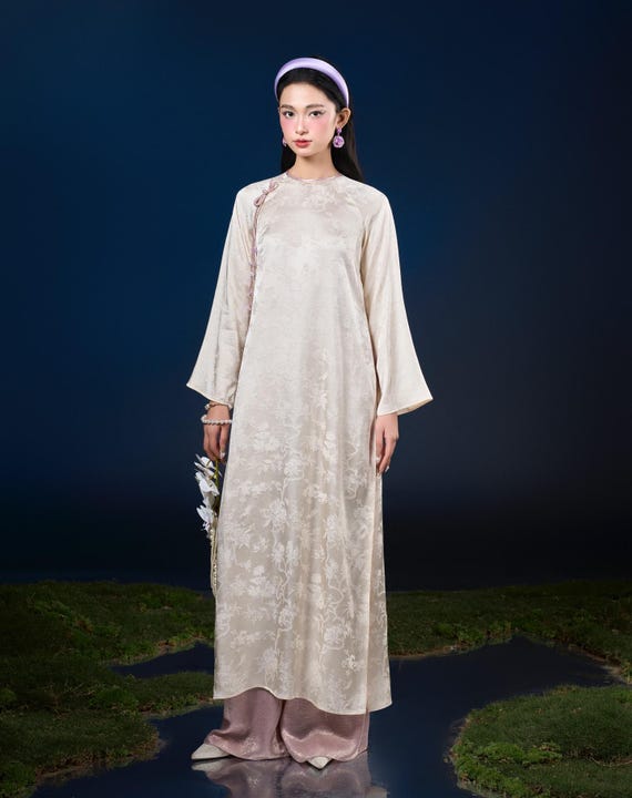 Vietnamese Silk Ao Dai: Minimalist Modern Elegance, Handcrafted Beaded Buttons