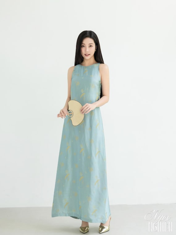 Sleeveless Sage Teal Silk Maxi Dress, Modern Vietnamese Yem Inspired Gown, Luster Silk