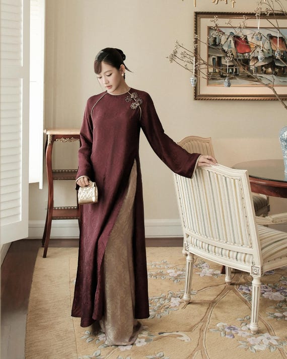 Burgundy Silk Jacquard Ao Dai – Traditional Vietnamese Dress, Floral Frog Buttons