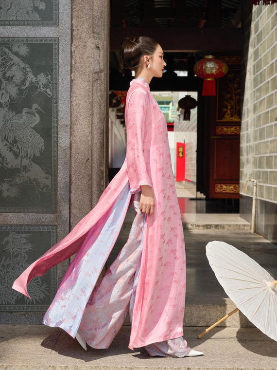 Pink Floral Brocade Ao Dai with Silver Pants – Vietnamese Silk Jacquard Tunic