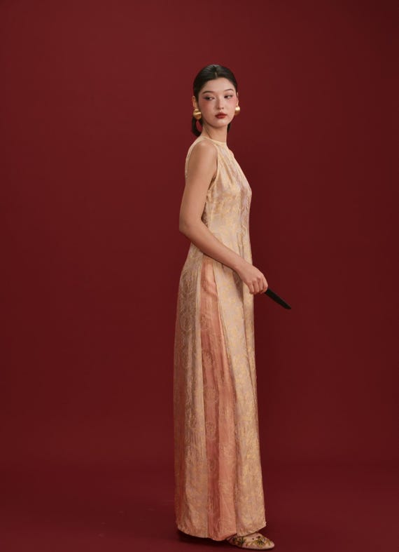Gold Jacquard Ao Dai – Sleeveless Vietnamese Silk Tunic, Floral Brocade Dress