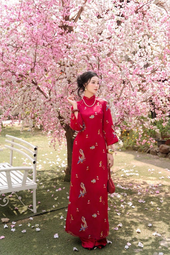 Red Phoenix Silk Ao Dai – Embroidered Vietnamese Traditional Dress, Celebration Outfit