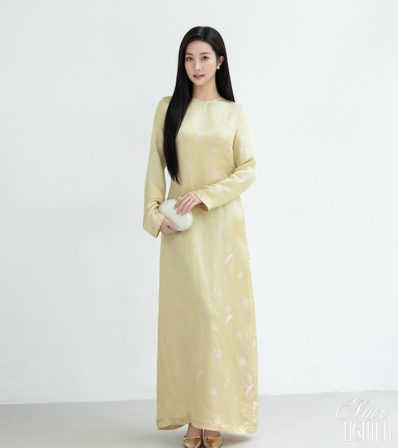 Sage Teal Luster Silk Maxi Dress, Golden Botanical Jacquard, Vietnamese Gown
