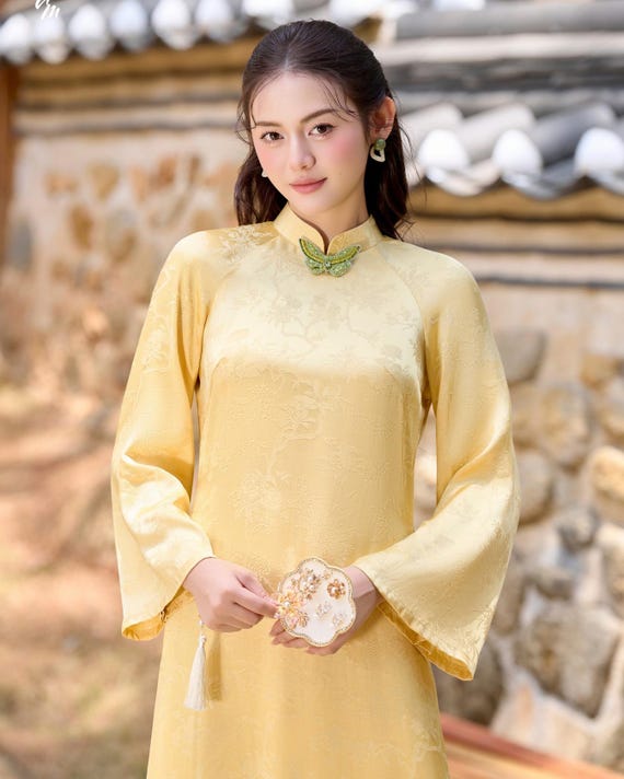 Silk Ao Dai: Vietnamese Traditional Dress, Minimalist Modern Design, Beaded Knot Buttons