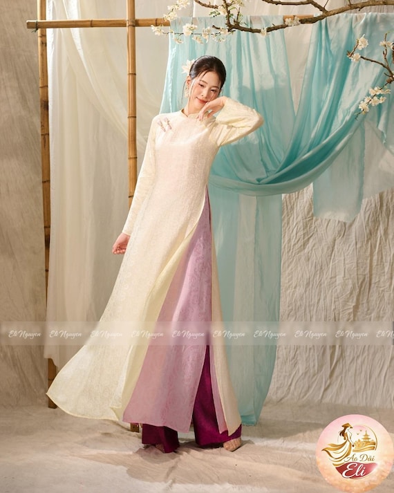 Blush Pink Floral Silk Ao Dai – Traditional Vietnamese Long Dress, Minimalist Elegant Wear