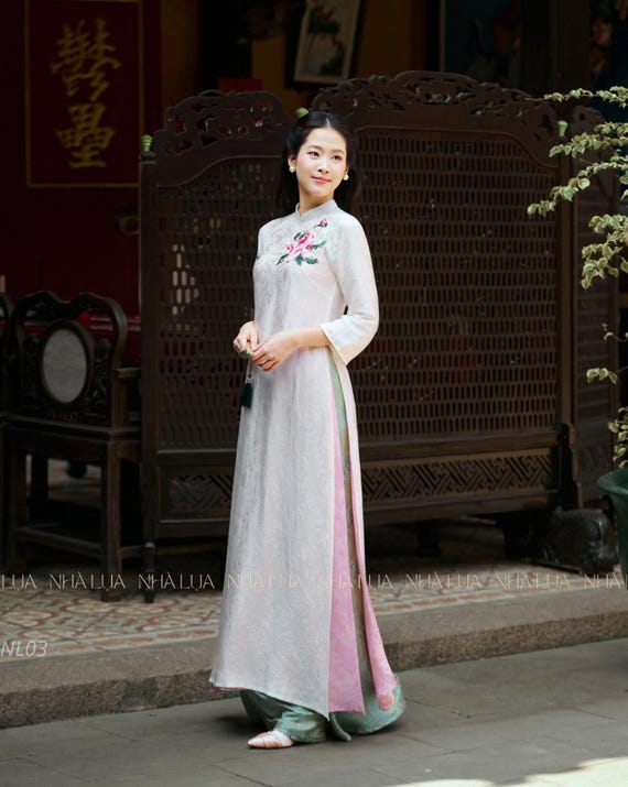 Elegant White Silk Ao Dai - Hand-Embroidered Rose Detail - Unique Triple Layered Bottoms in Pink & Green - Traditional Vietnamese Long Dress