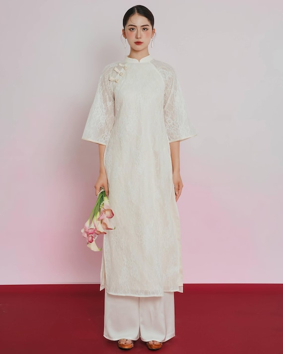 Ivory Lace Ao Dai – Vietnamese Traditional Dress with Silk Trousers, Wedding, Tet Holiday