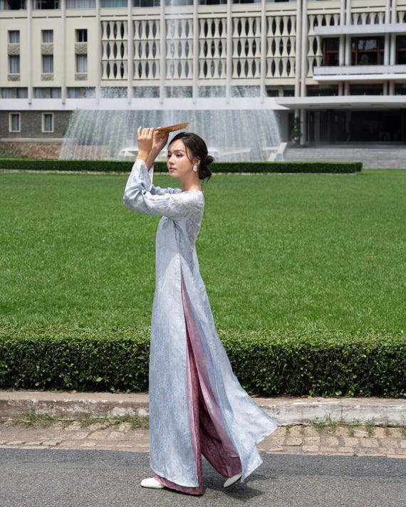 Blue Mulberry Silk Ao Dai: Vietnamese Traditional Dress, Minimalist Modern Style