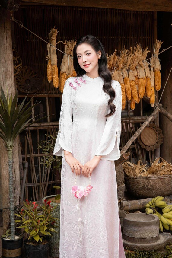Vietnamese Silk Ao Dai – Modern Minimalist White Long Dress, Beaded Buttons