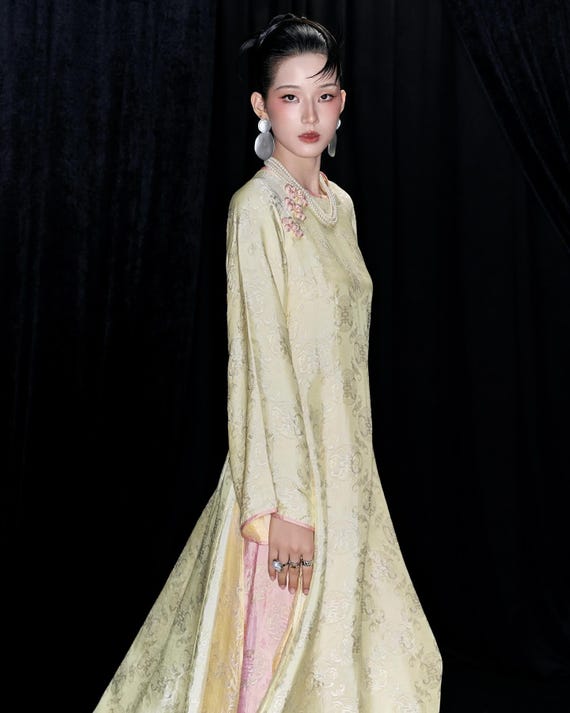 Pale Gold Floral Jacquard Ao Dai – Silk Tunic with Pink Trousers Gala Gown
