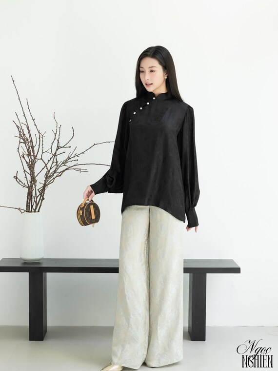 Modern Silk Blouse - Luxury Jacquard Top with Traditional White Pearl Buttons - Elegant Wide-Leg Trousers Set