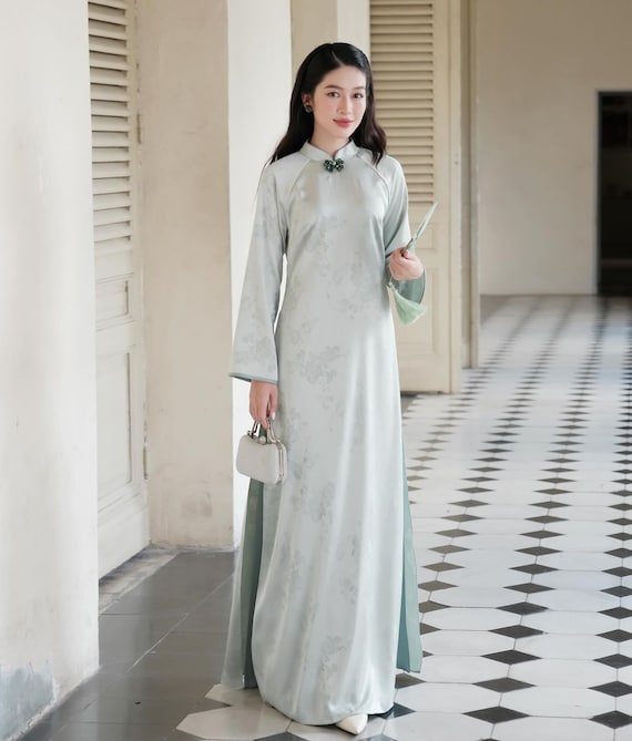 Seafoam Silk Ao Dai: Floral Jacquard Vietnamese Gown, Elegant Traditional Dress