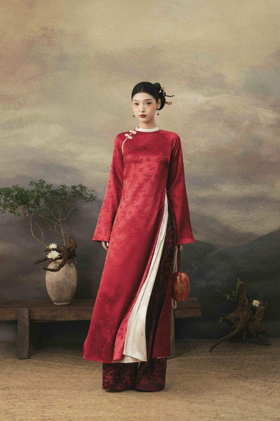 Peony Damask Silk Ao Dai: Vietnamese Traditional Formal Gown, Elegant Gift