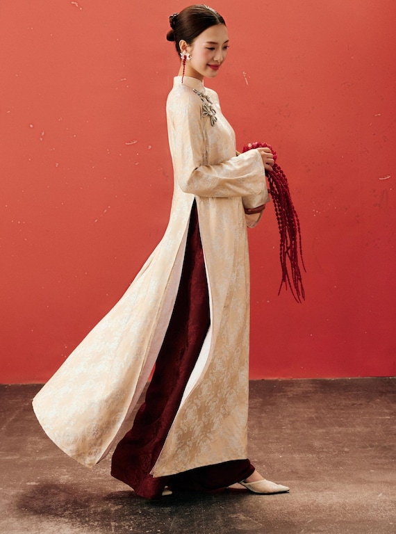 Deep Crimson Damask Silk Ao Dai – Traditional Vietnamese Heritage Tunic