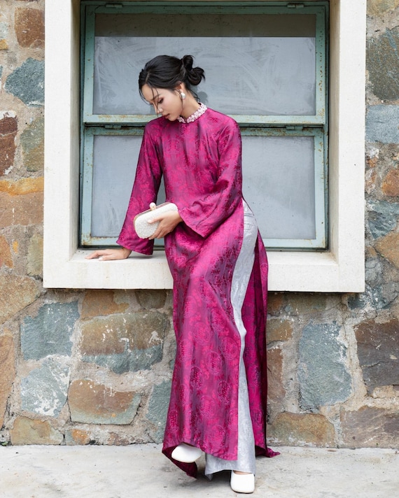 Deep Magenta Silk Ao Dai: Vietnamese Traditional Dress, Elegant Wedding, Tet Robe