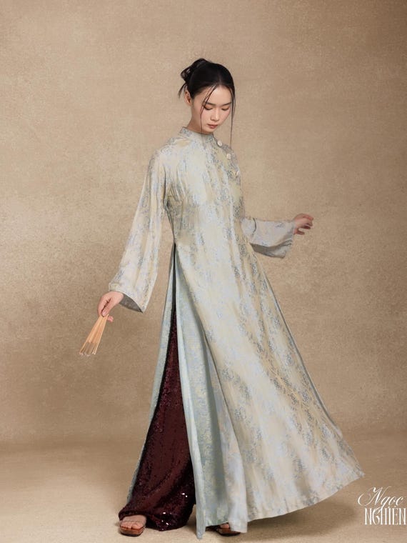 Sage Green Damask Silk Ao Dai – Traditional Vietnamese Tunic Set, Tet Outfit