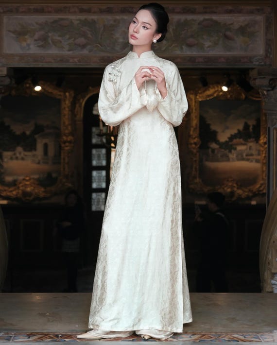 Silk Ao Dai: Vietnamese Traditional Gown, Beaded Knot Buttons, Refined Tunic