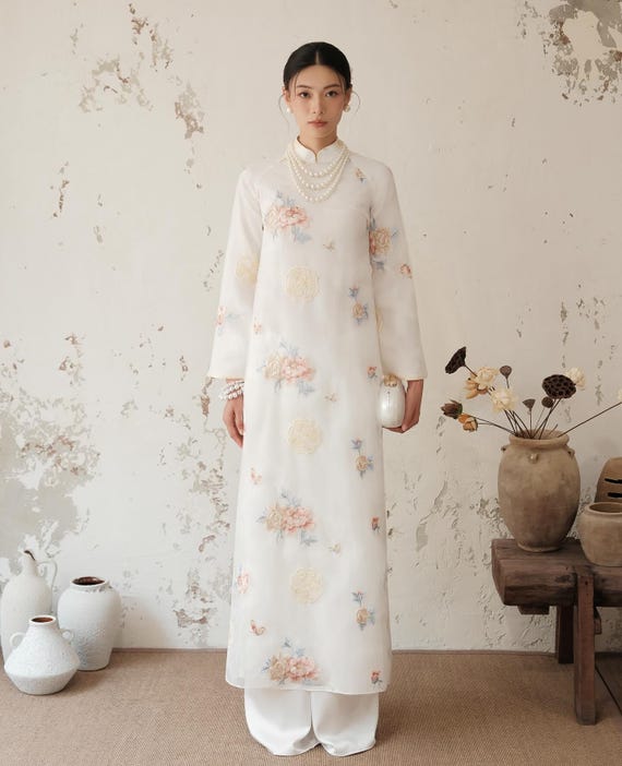 White Silk Ao Dai – Hand-Embroidered Floral Vietnamese Gown, Minimalist Modern Design