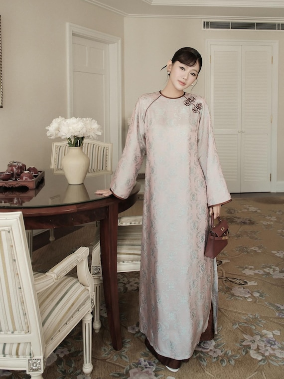 Vintage Silk Jacquard Ao Dai – Floral Frog Button Long Dress, Tet Outfit