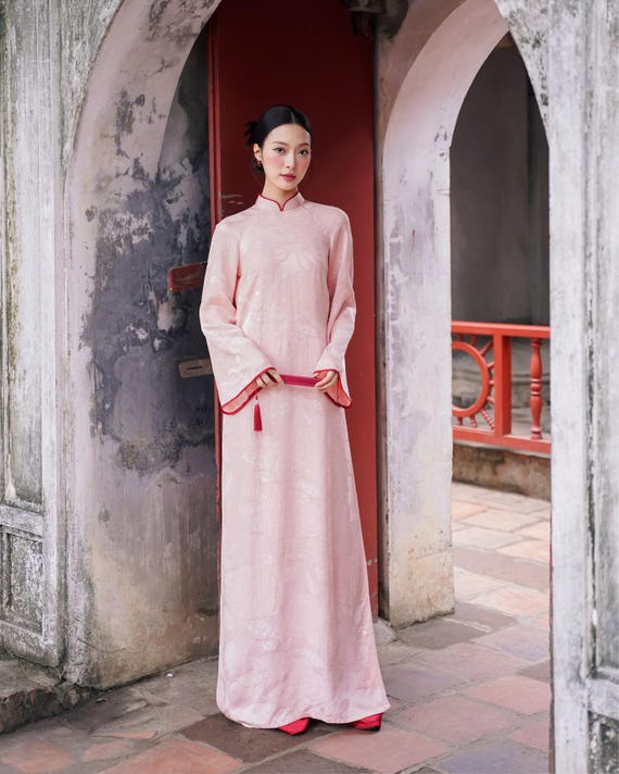 Soft Pink Silk Ao Dai: Vietnamese Traditional Crane Dress, Modern Minimalist Design