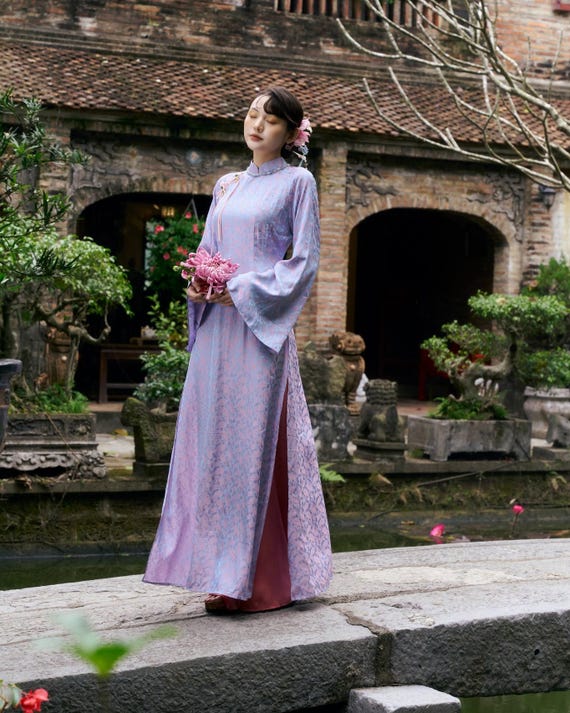 Peacock Blue Silk Ao Dai Set – Floral Jacquard Traditional Vietnamese Dress