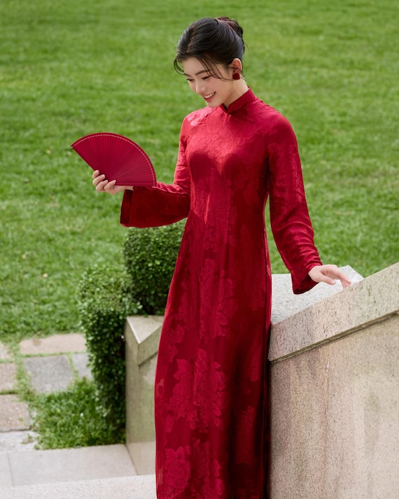 Red Brocade Ao Dai – Traditional Vietnamese National Dress with Wide Leg Pants