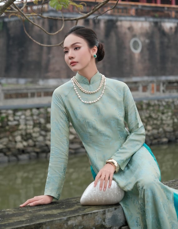 Heirloom Jacquard Silk Ao Dai: Teal Tunic Trousers - Traditional Vietnamese Gown