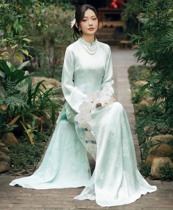 Pastel Green Jacquard Silk Ao Dai – Floral Brocade Tunic with Lace Hem Vietnamese Dress