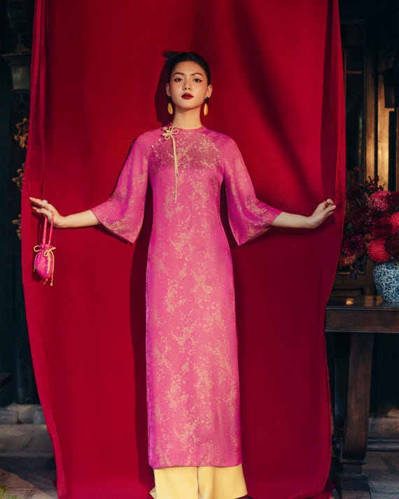 Vibrant Pink Brocade Ao Dai Set – Floral Jacquard Tunic with Yellow Pants