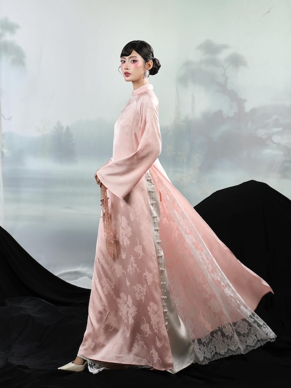 Pink Brocade Silk Ao Dai Set – Lace Trimmed Vietnamese Tunic, Wide Leg Pants
