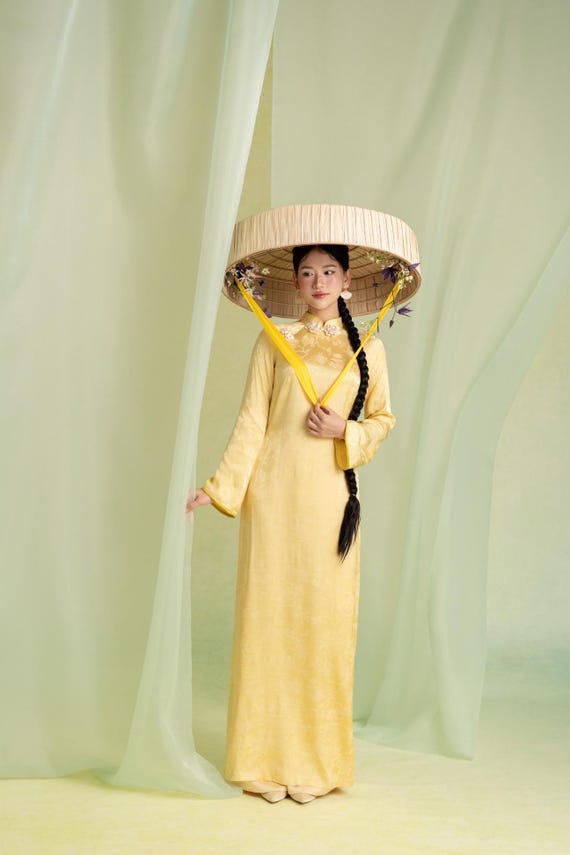 Golden Yellow Jacquard Silk Ao Dai, Vietnamese Traditional Tơ Tằm Gown, Minimalist Elegance