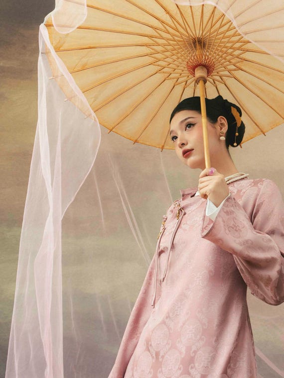 Mulberry Silk Ao Dai: Antique Damask Jacquard Tunic with Trousers
