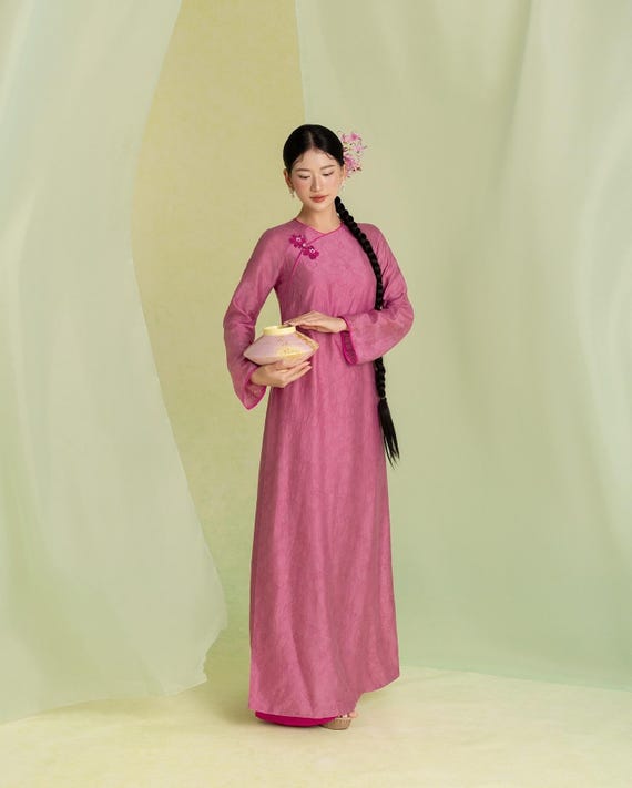 Magenta Pink Silk Ao Dai – Minimalist Traditional Vietnamese Dress, Floral Accents