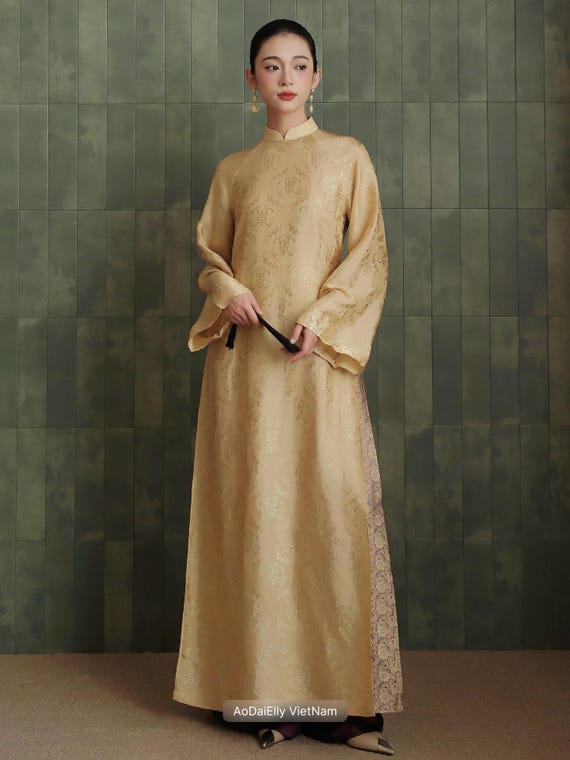 Imperial Gold Damask Silk Ao Dai Tunic Set – Vietnamese Traditional Formal Wear