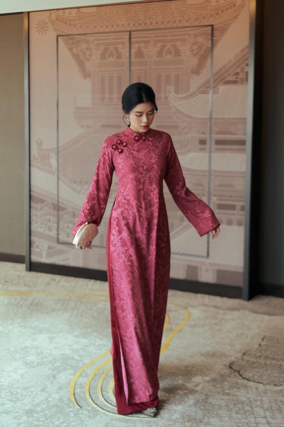 Crimson Damask Silk Ao Dai: Handmade Floral Brooches, Traditional Vietnamese Gown