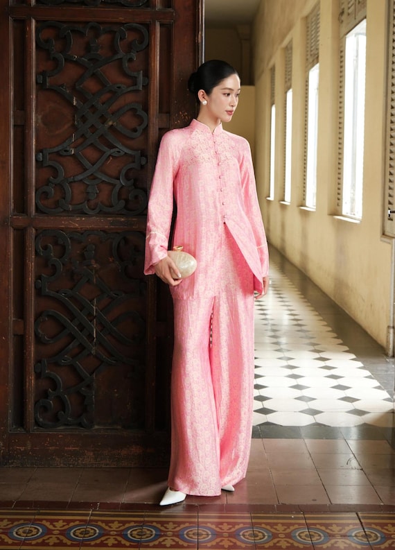 Cherry Blossom Pink Jacquard Set - Luxury Modernized Ba Ba Tunic with Wide-Leg Silk Pants - Elegant Indochine Heritage Outfit