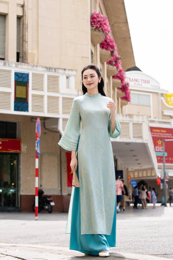 Brocade Silk Ao Dai – Flared Sleeve Vietnamese Traditional Dress, Pastel Blue Outfit