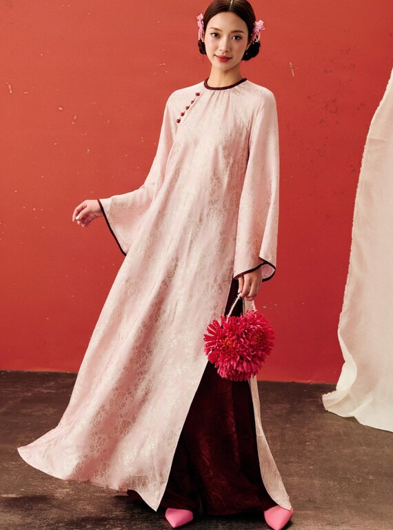 Pastel Pink Silk Brocade Ao Dai – Vietnamese Traditional Dress, Wedding Guest Attire, Tet Outfit