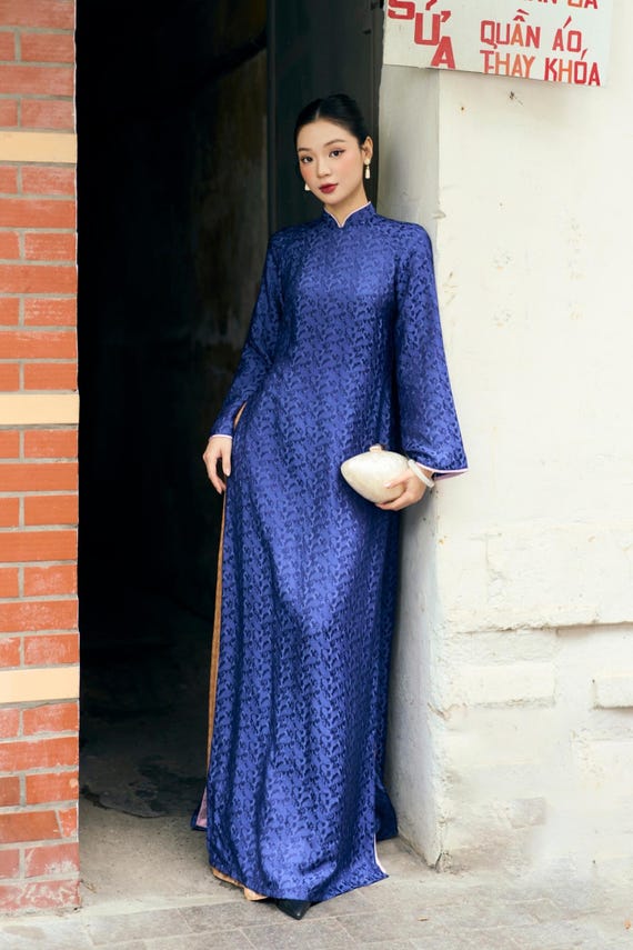 Royal Blue Silk Ao Dai: Vietnamese Traditional Dress, Floral Pattern, Elegant Weddings