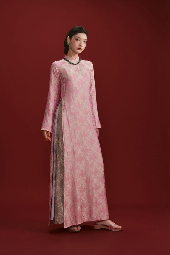 Rose Pink Brocade Ao Dai – Silk Tunic with Lavender Trousers, Formal Gala Outfit