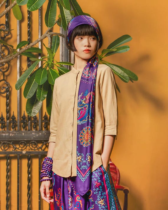 Purple Mulberry Silk Scarf – Hand-Rolled Heritage Shawl, Vietnamese Art Gift