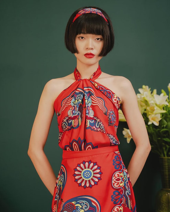 Red Silk Scarf - Ly Dynasty Dragon Dream Design, Hand-Stitched Luxury Wrap