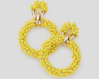 Vibrant Yellow Beaded Hoop Earrings - Handmade Bold Statement Jewelry
