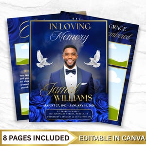 May include: A memorial card with a portrait of a man in a blue suit, the text "In Loving Memory" and the name "Jamal Williams". The card includes blue roses and doves, with the text "8 Pages Included" and "Editable in Canva".