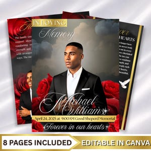 Programa funerario imprimible En memoria de Obituario Plantilla de programa funerario imprimible Folleto conmemorativo Obituario Plantilla funeraria Roja