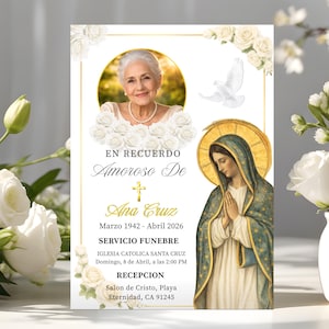 May include: A memorial card with a gold border, featuring a portrait of an elderly woman and an illustration of the Virgin Mary. The card includes text in Spanish, white roses, and a dove graphic. The text includes dates and service details.