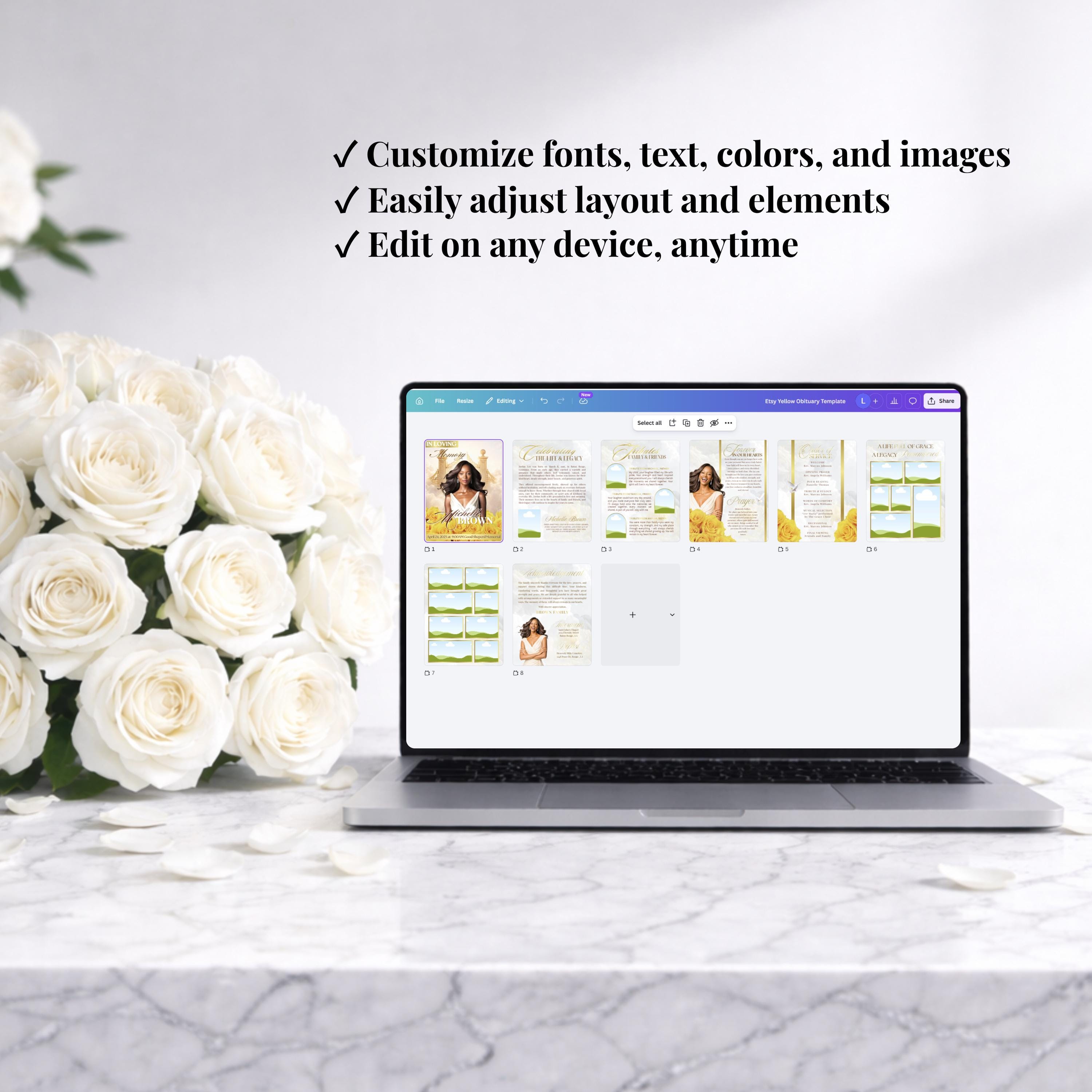 Yellow Roses Funeral Vector Obituary Template Yellow Roses Funeral Program Template: 8-page ...